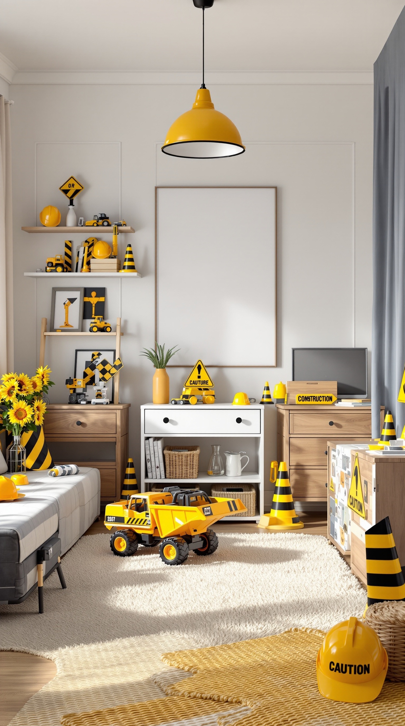 A boys' room designed with a construction theme, featuring yellow and black decor, toy trucks, and playful elements.