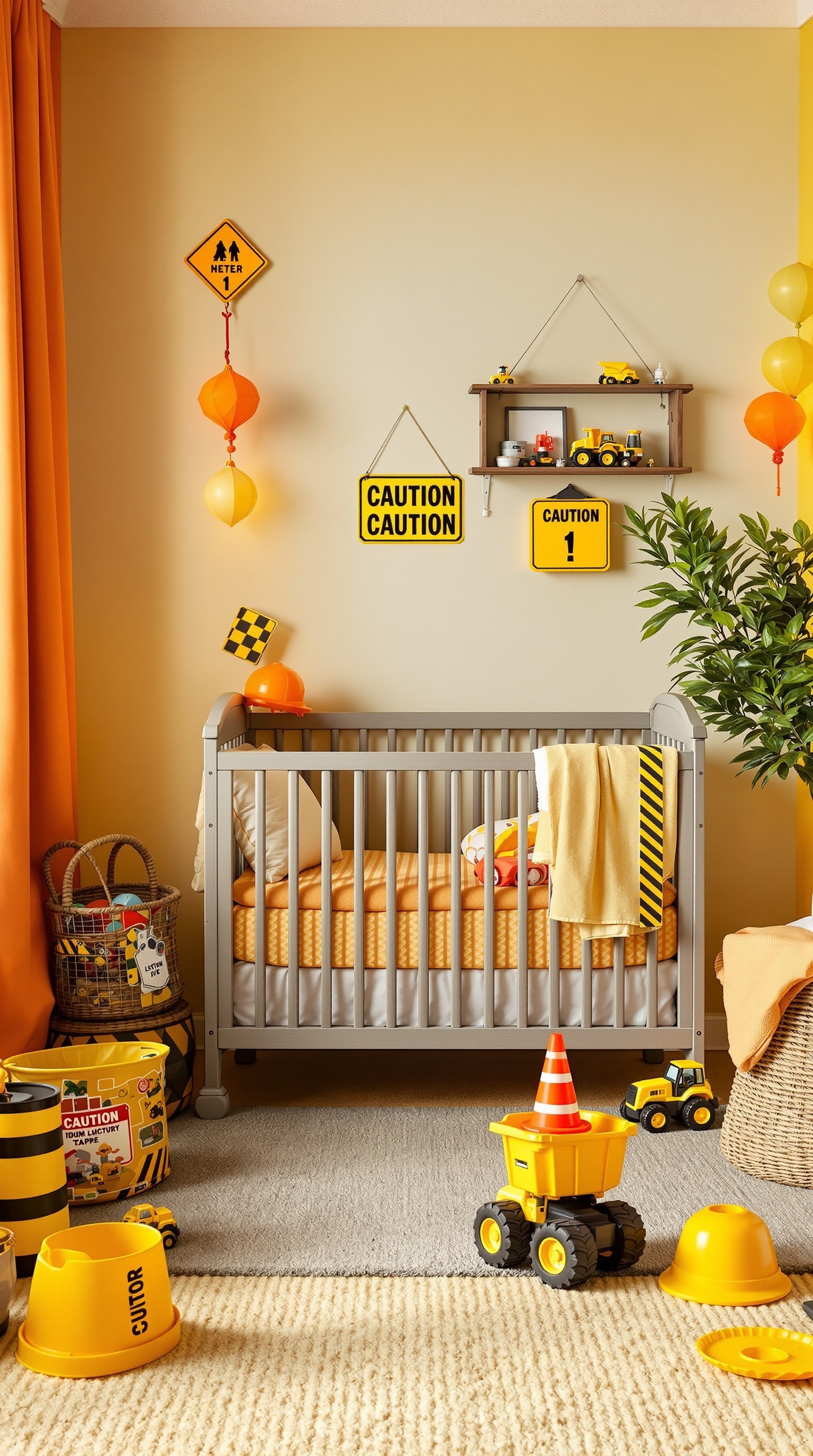 A baby nursery designed as a construction zone with caution signs, toys, and bright colors.