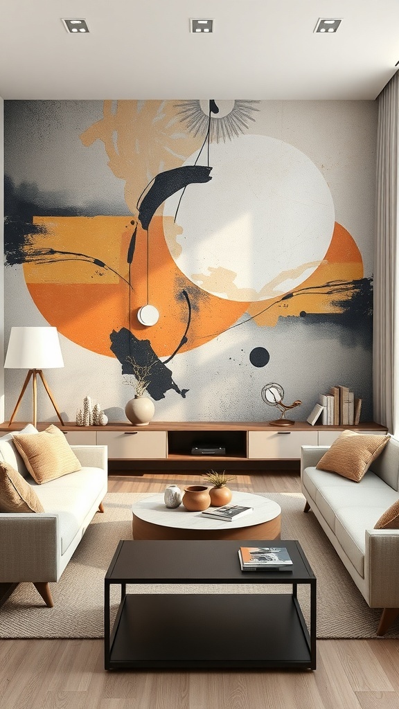 Living room with contemporary abstract art wallpaper featuring bold colors and shapes.