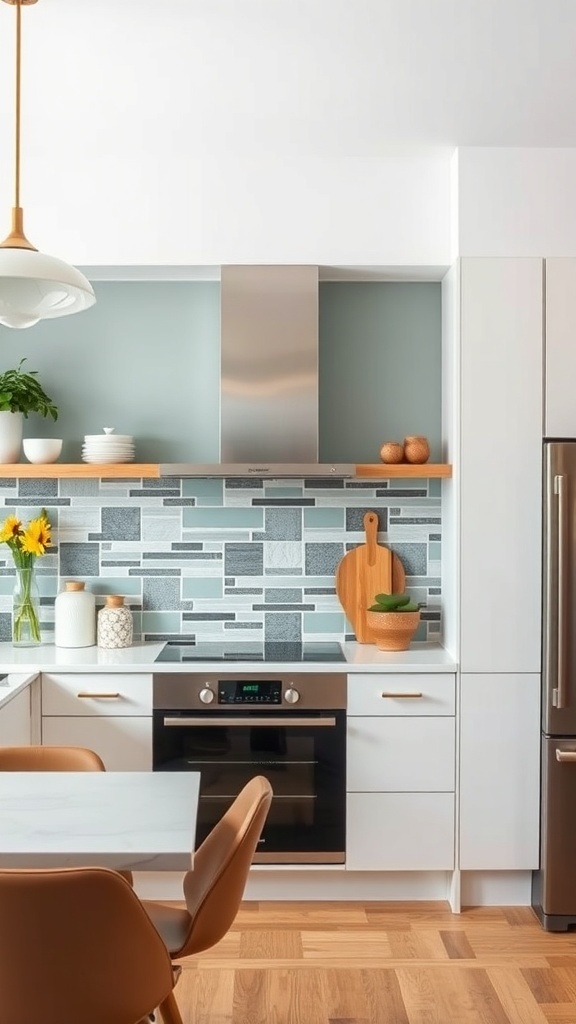 A modern kitchen featuring a contemporary backsplash with geometric tiles in soft blue and gray tones.