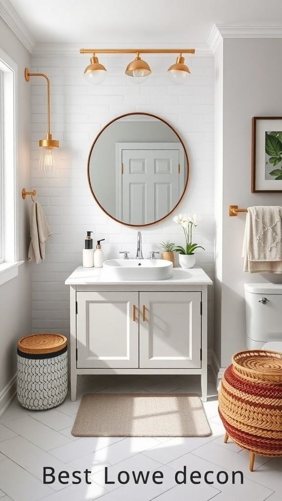 Single sink bathroom vanity with white cabinetry, round mirror, and golden fixtures