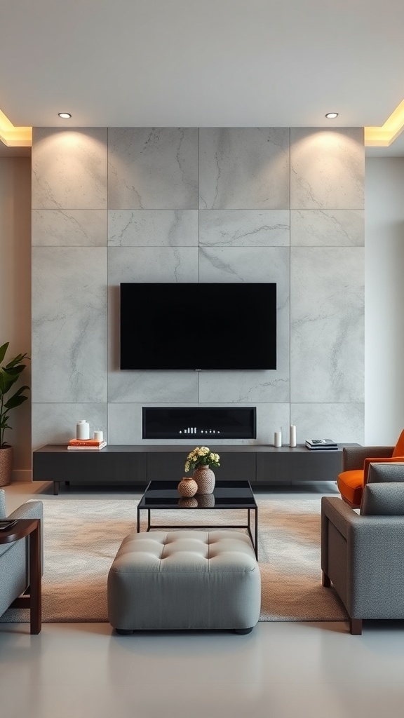 Living room with a contemporary concrete accent wall featuring a mounted TV and stylish furniture.