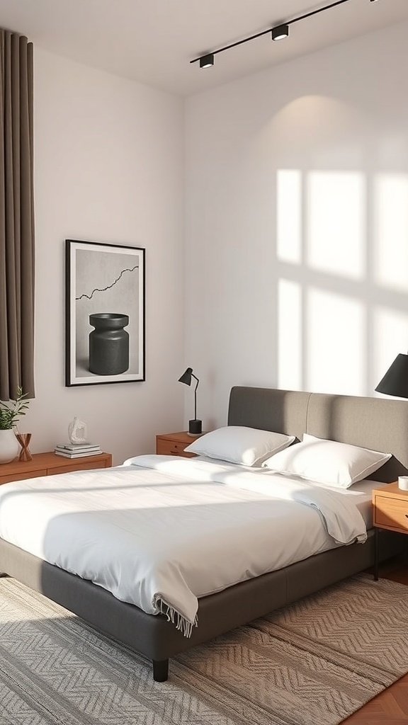 A contemporary corner bed setup featuring a gray bed frame, white bedding, wooden nightstands, and minimalist decor.