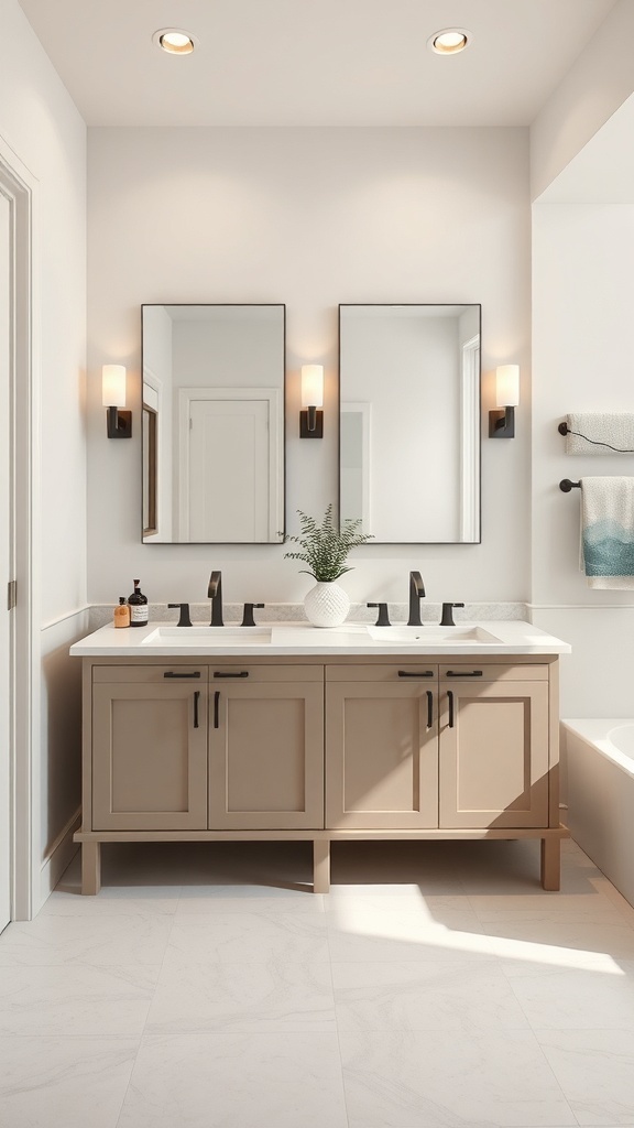 A contemporary dual vanity bathroom featuring a beige vanity with black fixtures and framed mirrors.