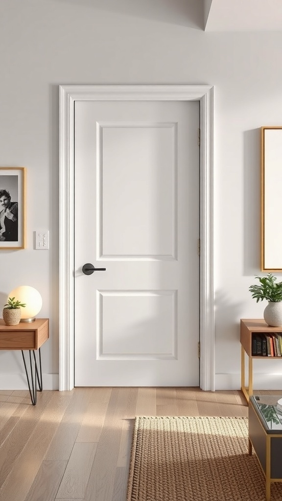 A contemporary flat casing around a white door in a modern interior setting