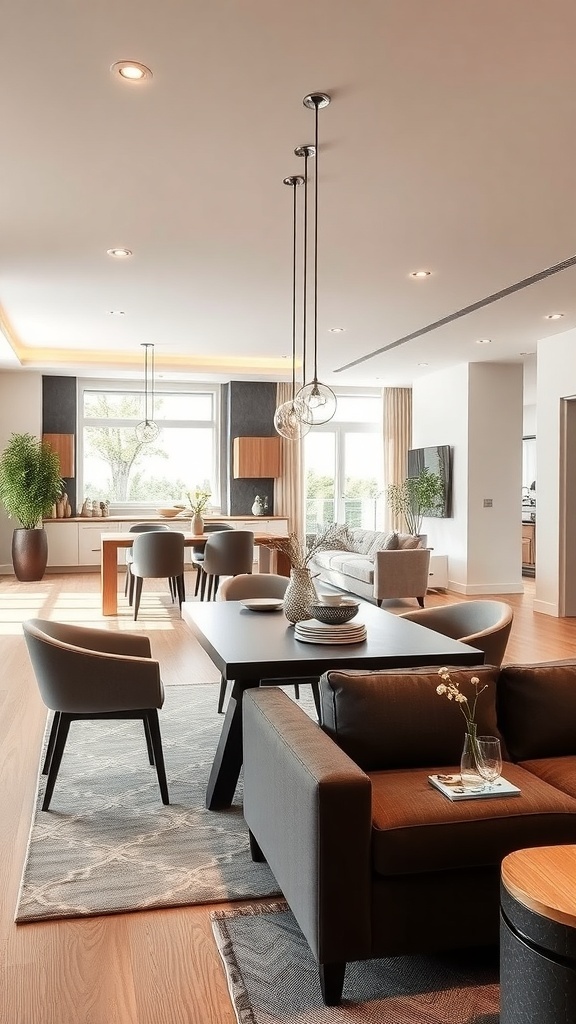A contemporary open plan dining area featuring a sleek table, stylish chairs, and large windows allowing natural light.