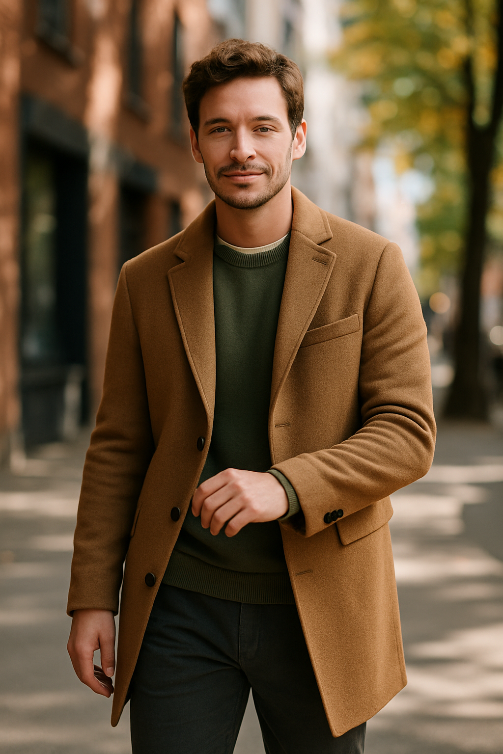 A man wearing a tailored coat and sweater, walking on a city street.