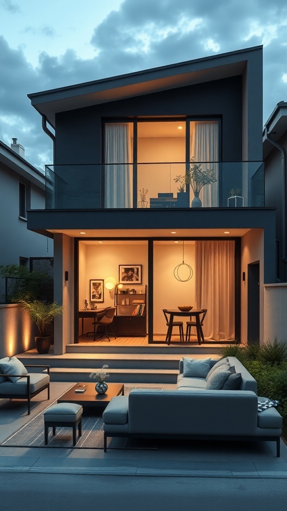A contemporary one-storey house with a sleek design, large windows, and an inviting outdoor seating area.