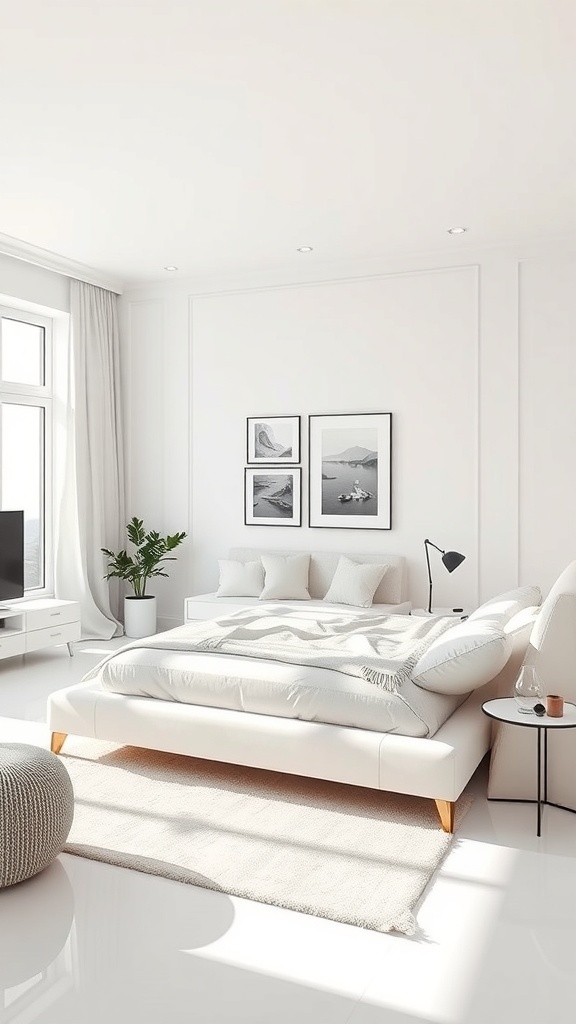 A contemporary white bedroom featuring a sleek white bed, minimalist furniture, and a potted plant.