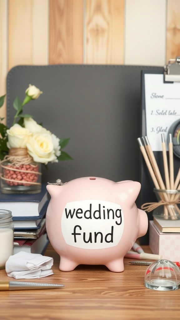 A pink piggy bank labeled 'wedding fund' surrounded by stationery and flowers, symbolizing wedding budgeting.