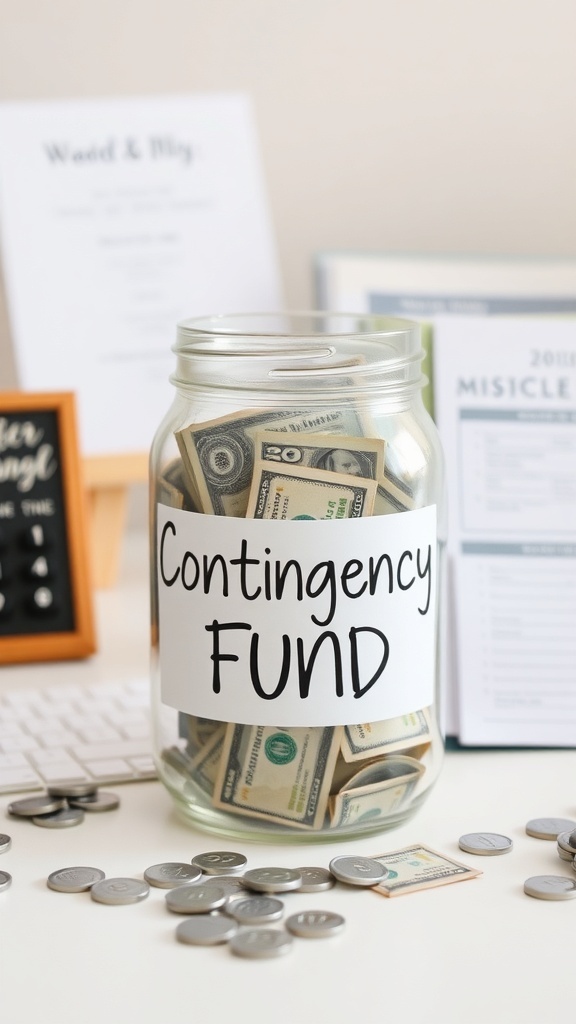 A jar labeled 'Contingency Fund' filled with cash and coins, representing a wedding budget planning strategy.