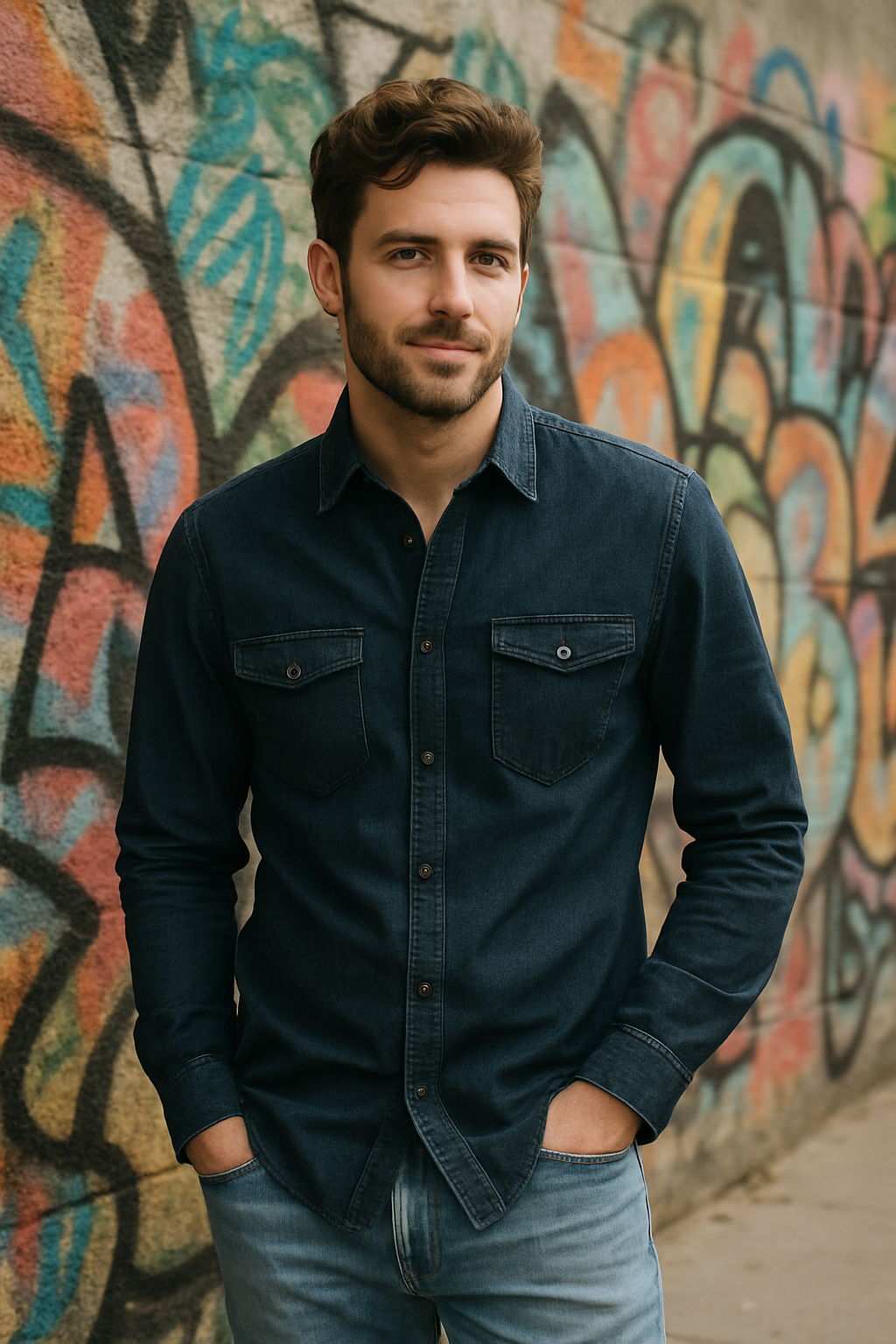 A man wearing a dark denim shirt with light denim jeans, standing against a colorful graffiti wall.