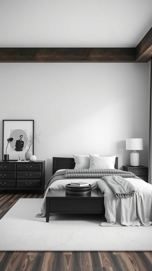 A stylish grey and white bedroom featuring dark furniture, including a bed, nightstand, and dresser.