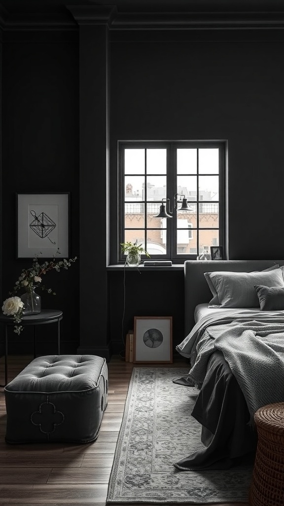 A moody romantic bedroom featuring dark walls, a light rug, and soft bedding.