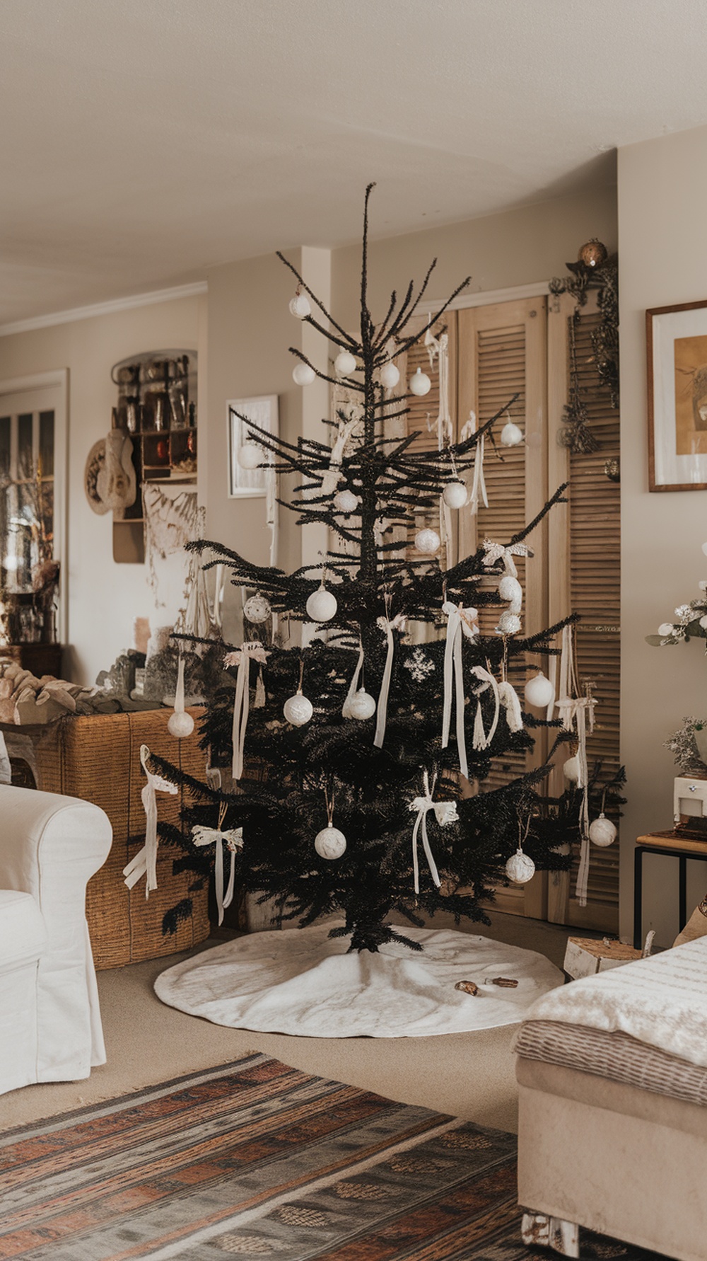 A black Christmas tree decorated with white ornaments and ribbons, set in a cozy living room.