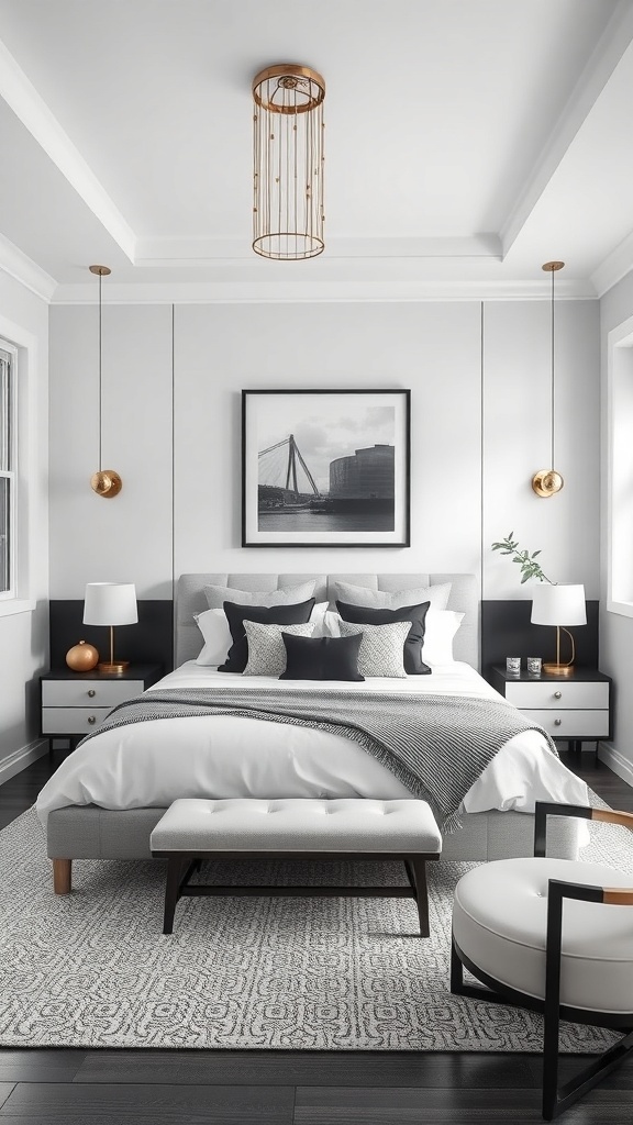 A stylish black and white bedroom featuring contrasting accessories, including a plush bed, decorative pillows, and elegant lamps.