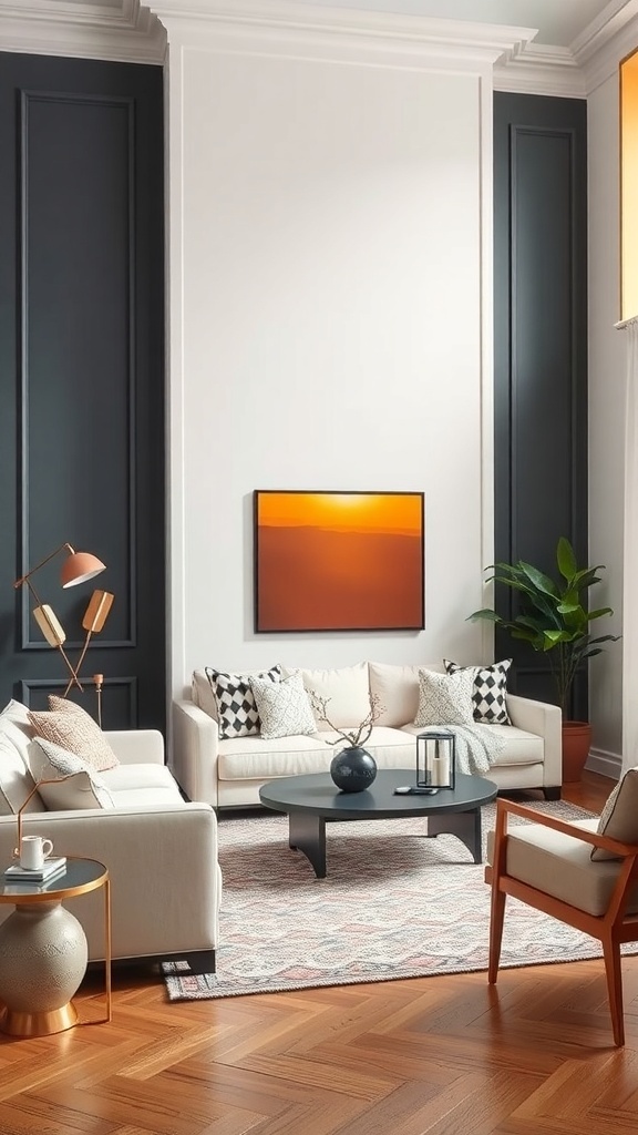 A modern living room featuring contrasting wall moulding colors, with dark panels and light walls, stylish furniture, and decorative accents.