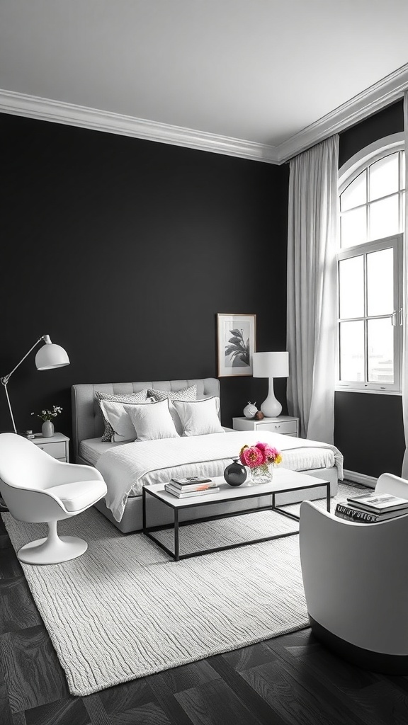 A modern black bedroom with white accents, featuring a bed, white furniture, and a rug.
