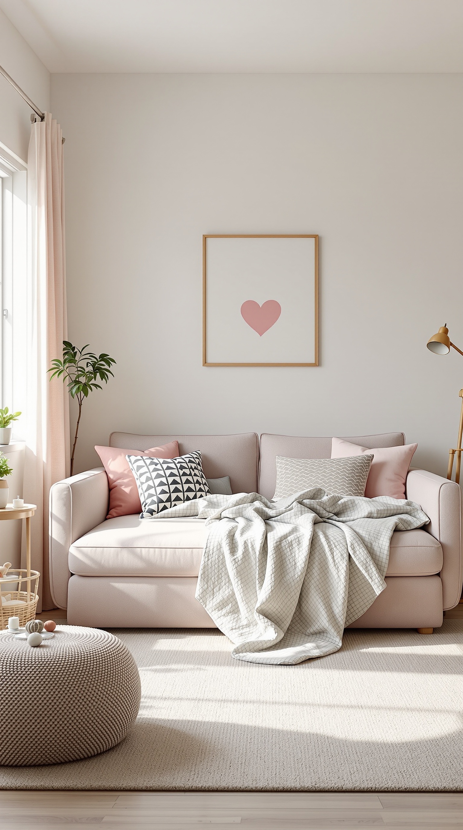 A cozy convertible sofa bed in a light pink color with decorative pillows and a soft blanket.