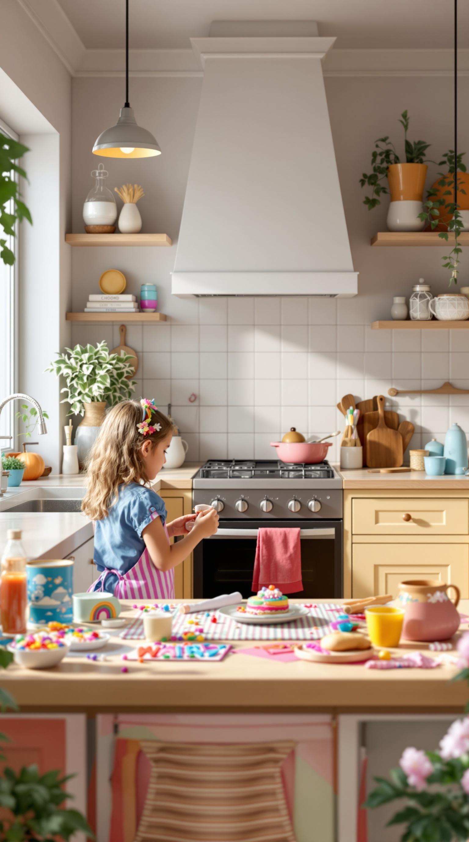 A young girl baking in a bright kitchen, surrounded by colorful ingredients and treats.