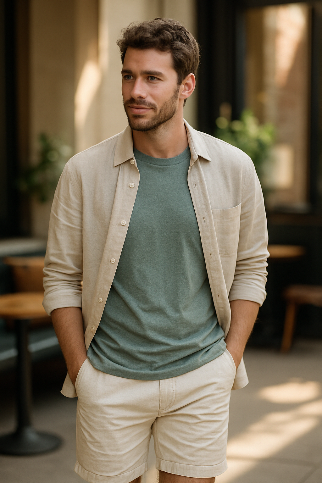 A man wearing a green graphic tee and light button-up shirt, styled for summer.