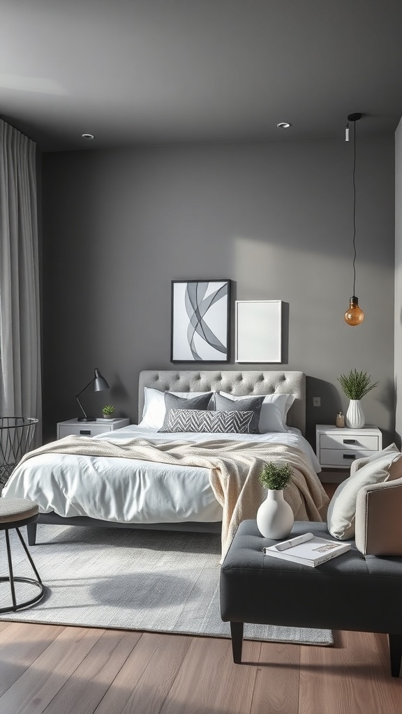 A modern bedroom with cool gray walls, light bedding, and minimalist decor.