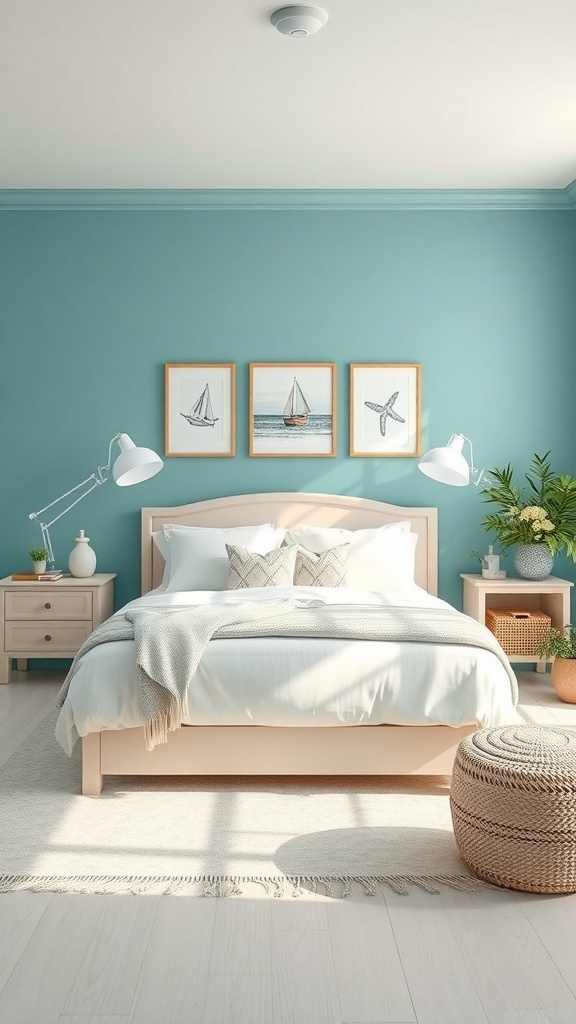 A cozy bedroom featuring cool teal walls, cream bedding, and nautical-themed artwork.