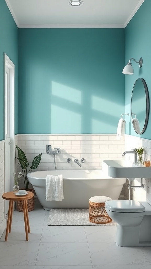 A modern bathroom with teal walls, white tiles, a bathtub, and plants.