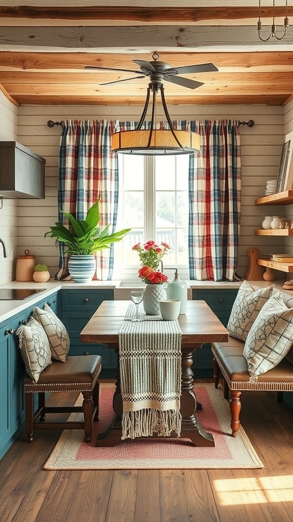 A cozy modern rustic kitchen with plaid curtains, a wooden table, and coordinated textiles.