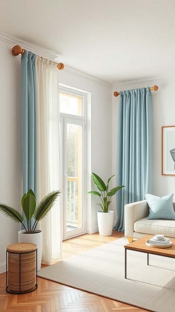 A cozy living room with blue and white double curtains, wooden curtain rods, and green plants.