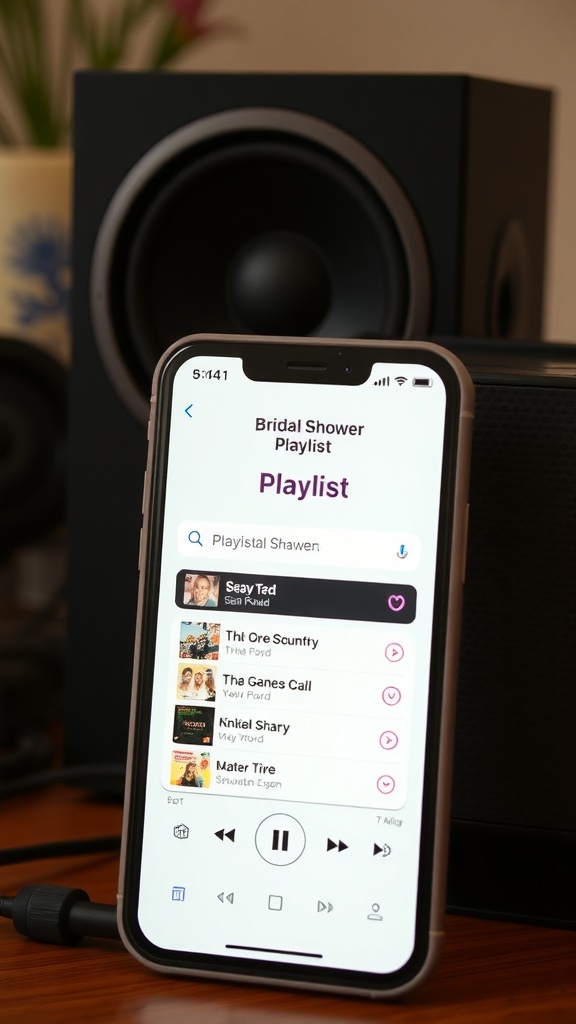 Mobile phone displaying a bridal shower playlist on a speaker