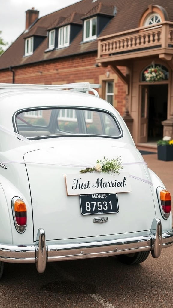 A white vintage car with a 'Just Married' sign, parked outside a venue.
