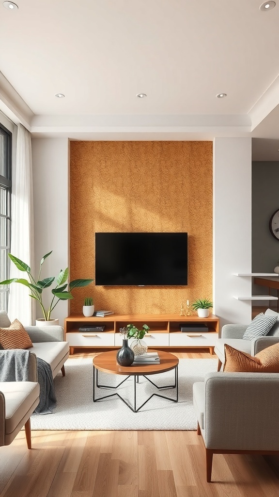 Living room with a cork accent wall behind a mounted TV, featuring modern furniture and plants.