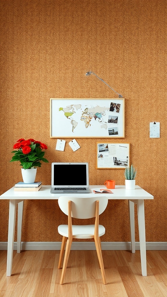 A cozy workspace featuring a cork wall, white desk, and potted plants.