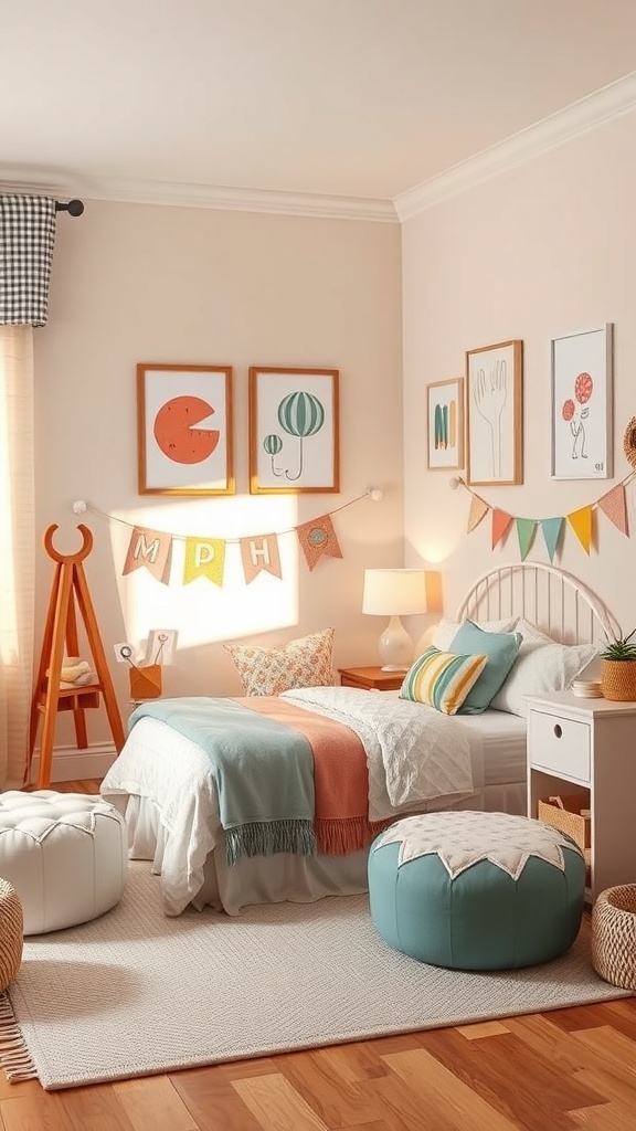 A cozy kids' room featuring a corner bed with colorful bedding, playful cushions, and cheerful decor.