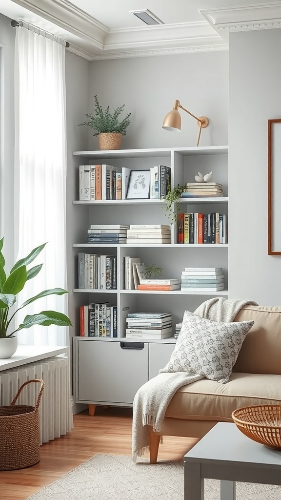 A stylish corner bookshelf with books and decorative items in a cozy living room