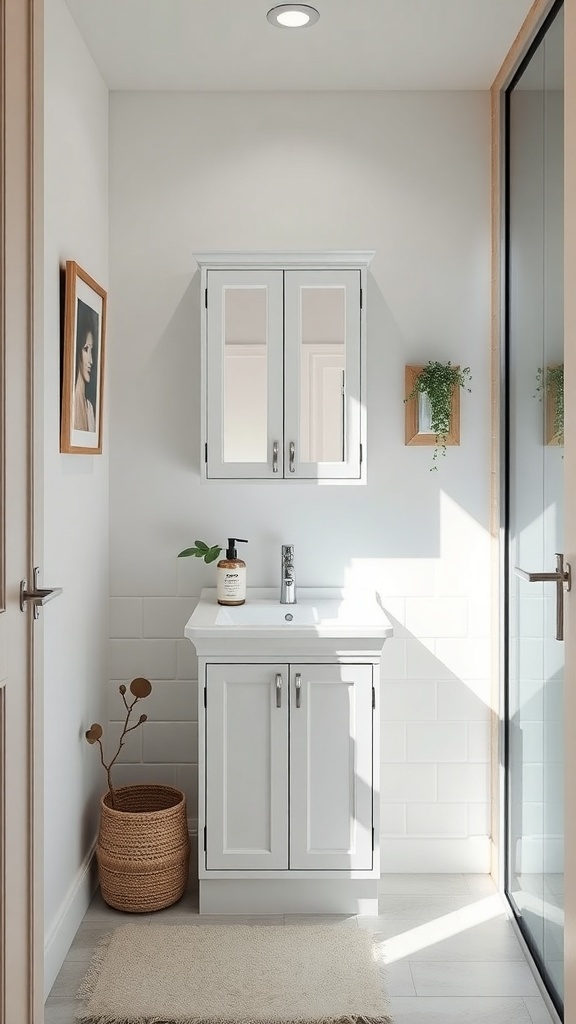 A modern corner bathroom cabinet with mirrored doors, a sink, and decorative plants.