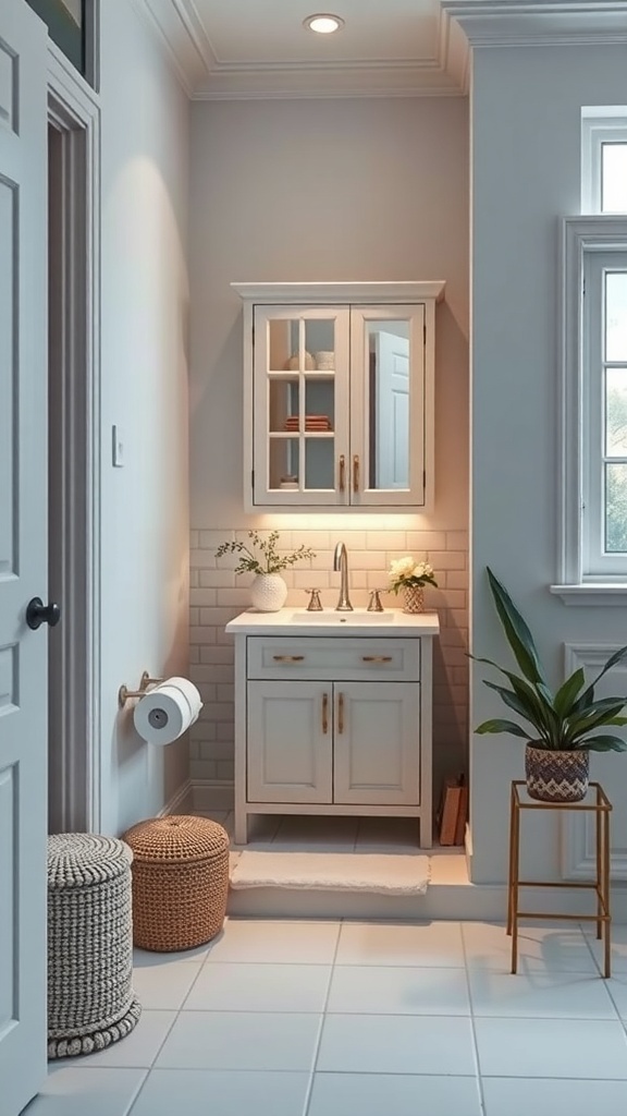 A bathroom corner cabinet showcasing stored items and decorative touches.