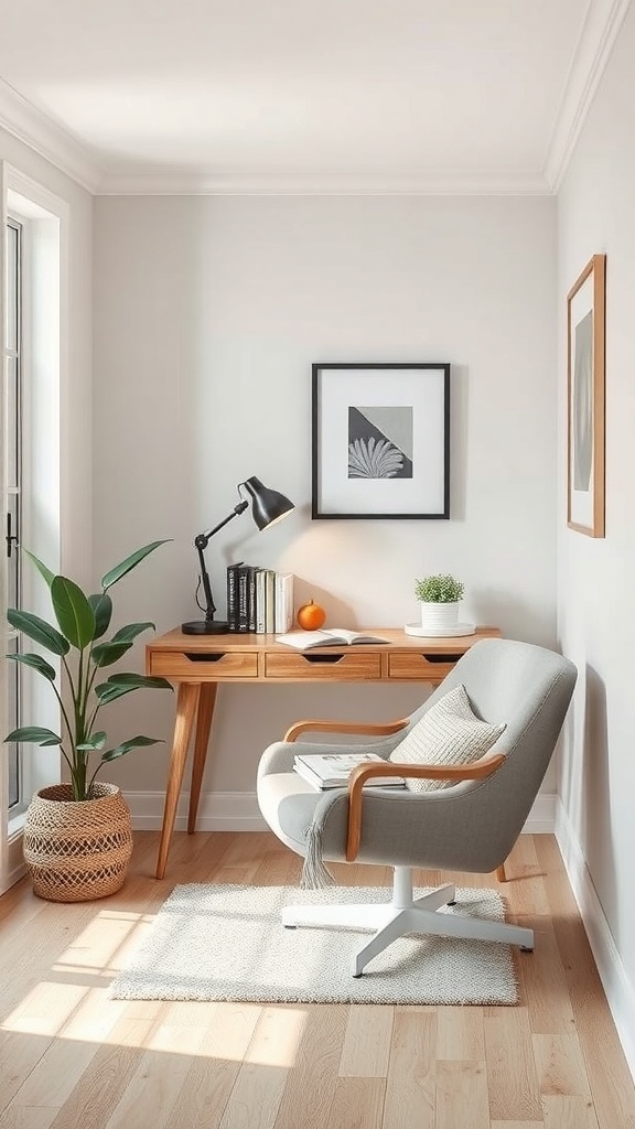 A cozy reading nook featuring a wooden desk, reading light, and comfortable chair.