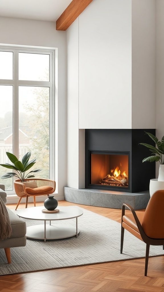 A modern corner fireplace in a stylish living room with a cozy atmosphere.
