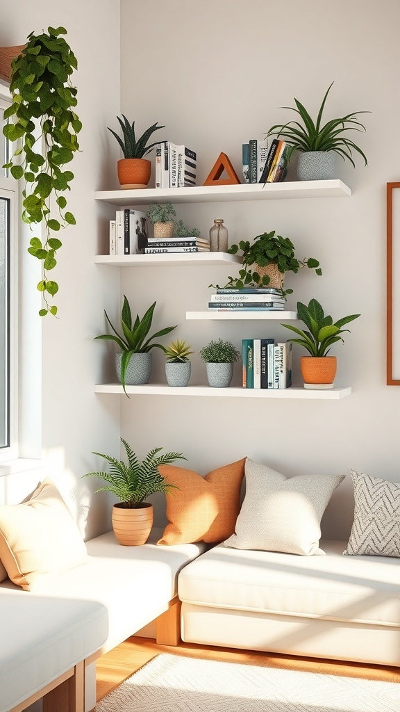 Corner floating shelves with plants and books in a cozy living space