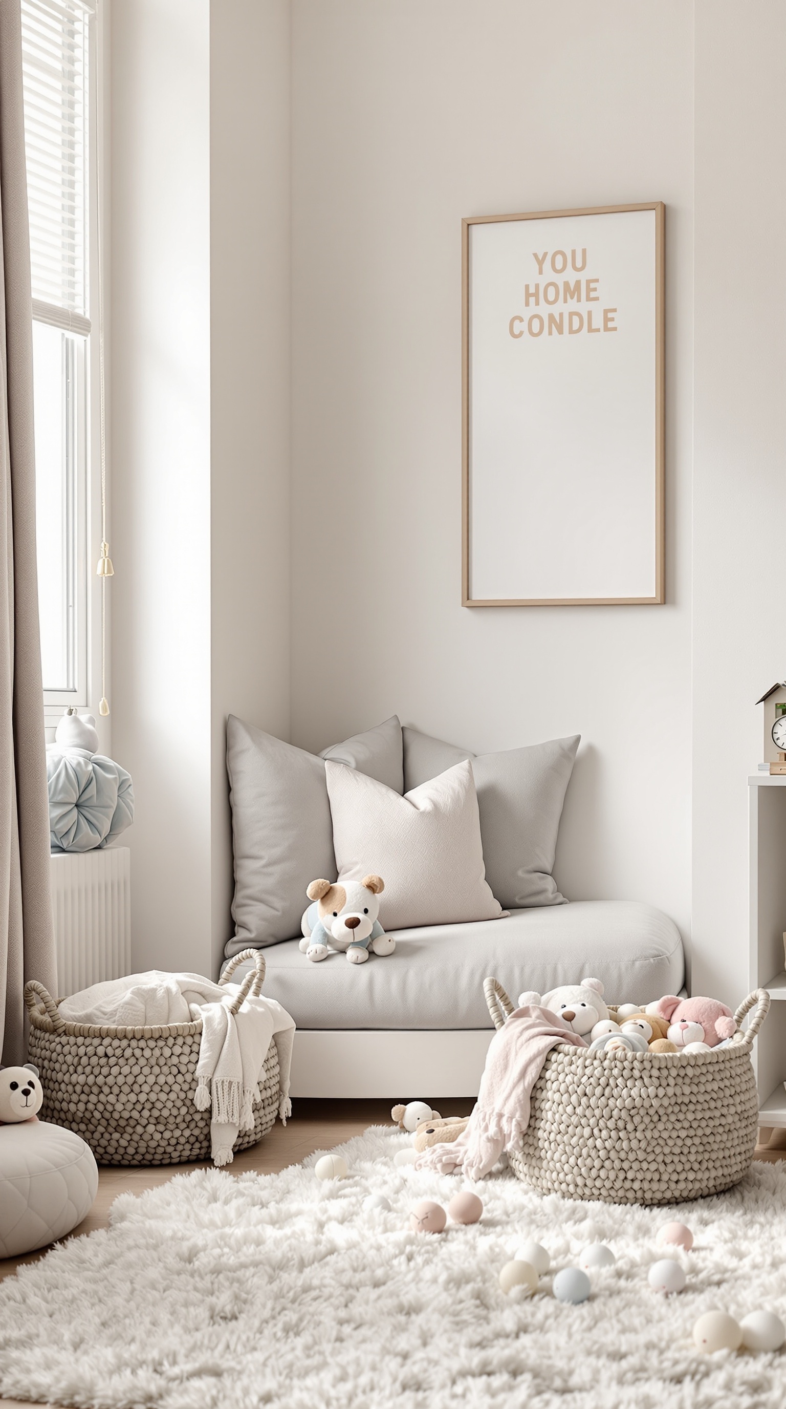 A cozy corner in a playroom with a soft sofa, plush toys, and decorative baskets.