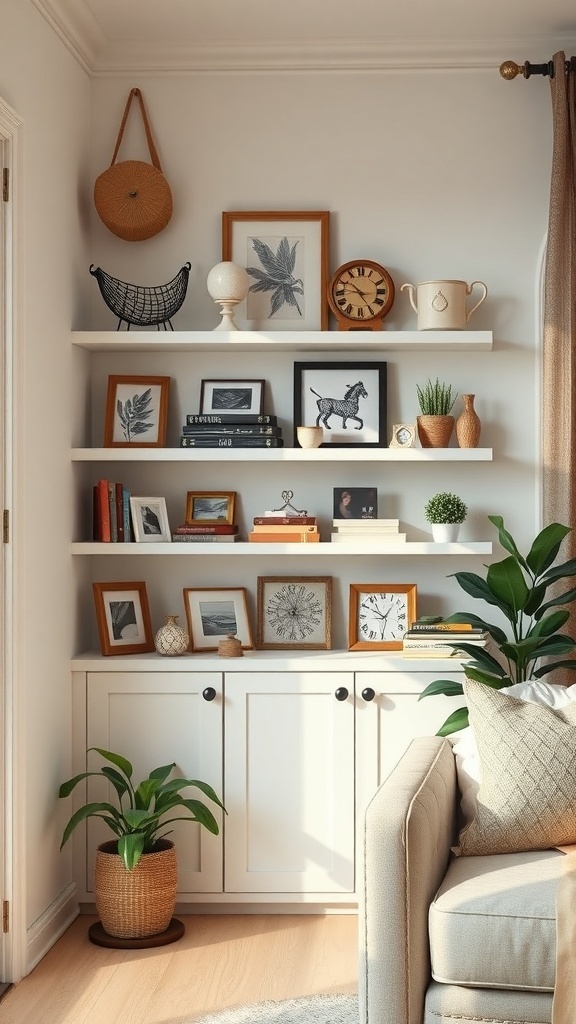 A stylish corner shelf displaying various collectibles, including framed pictures, plants, and decorative items.
