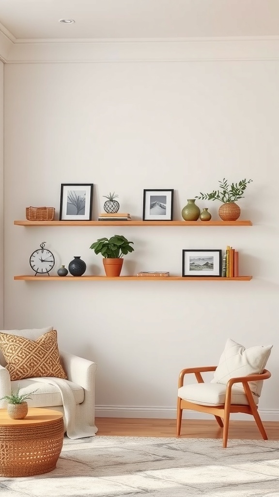 Stylish corner shelves with plants and decor items