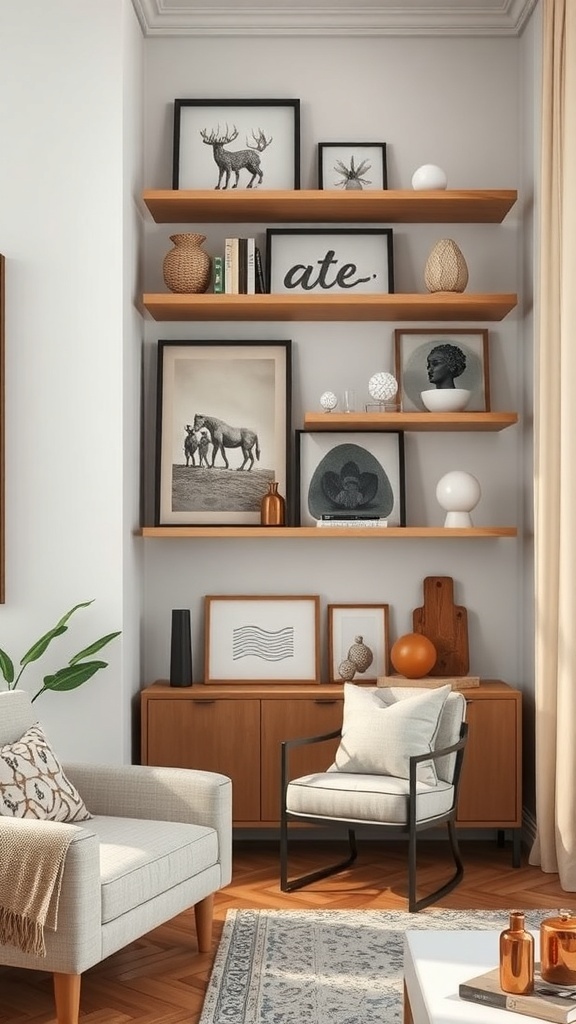 A stylish corner shelf displaying various framed artworks, decorative items, and books.