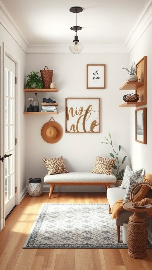 A cozy entryway with wooden corner shelves, a bench, and decorative items.