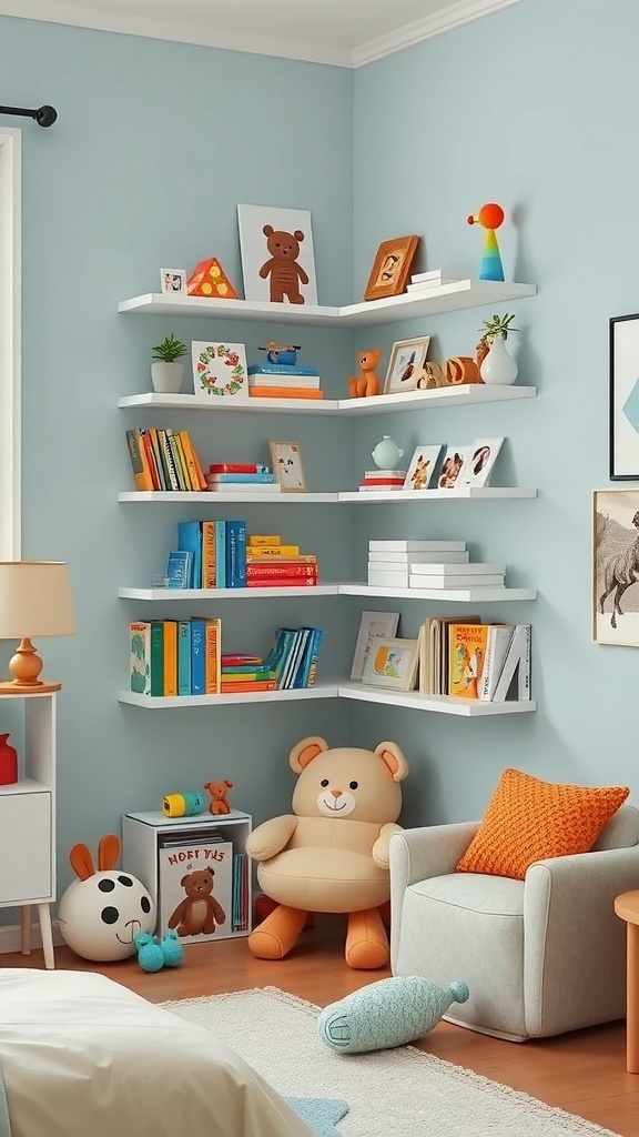 A bright and cheerful corner shelf in a kids' room displaying books, toys, and decorations.