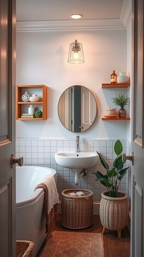 A cozy bathroom featuring corner shelves with decorative items, a round mirror, and a plant.