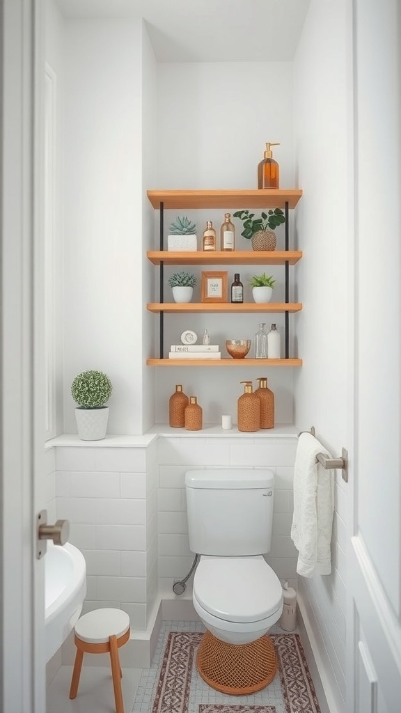 Colorful corner shelves with plants and toiletries in a stylish bathroom setting.