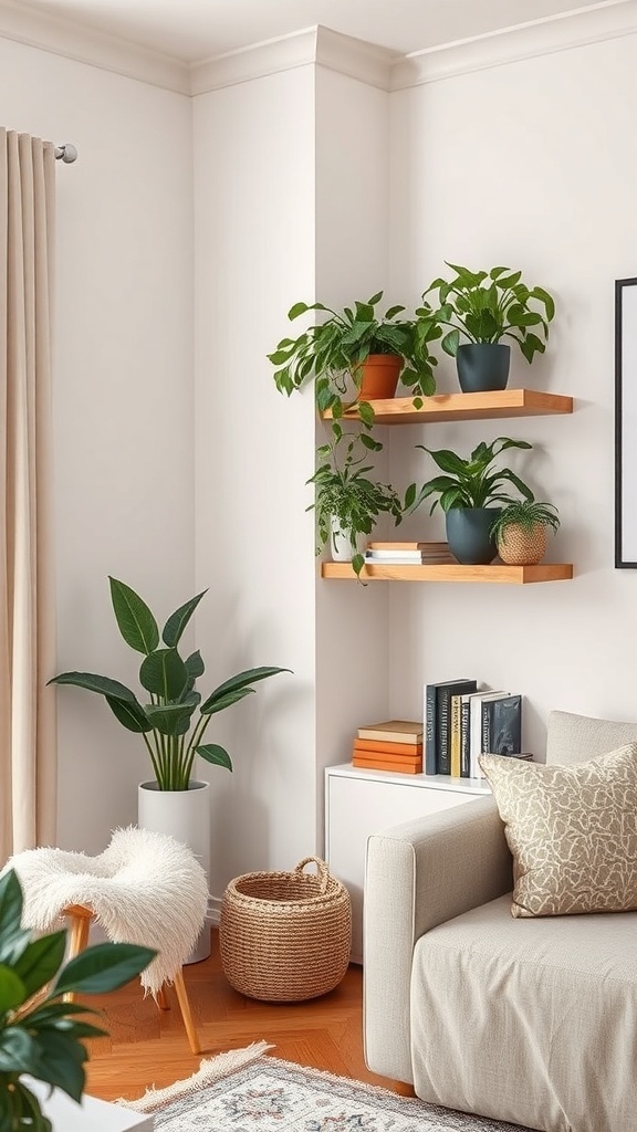Cozy living room with corner shelves displaying plants and books.